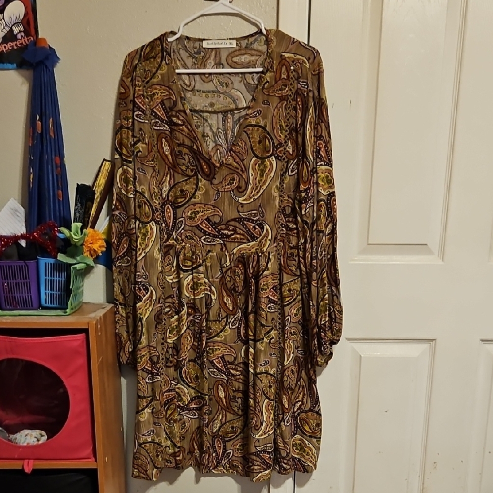 Brown and Tan V-neck Long Sleeve Sundress